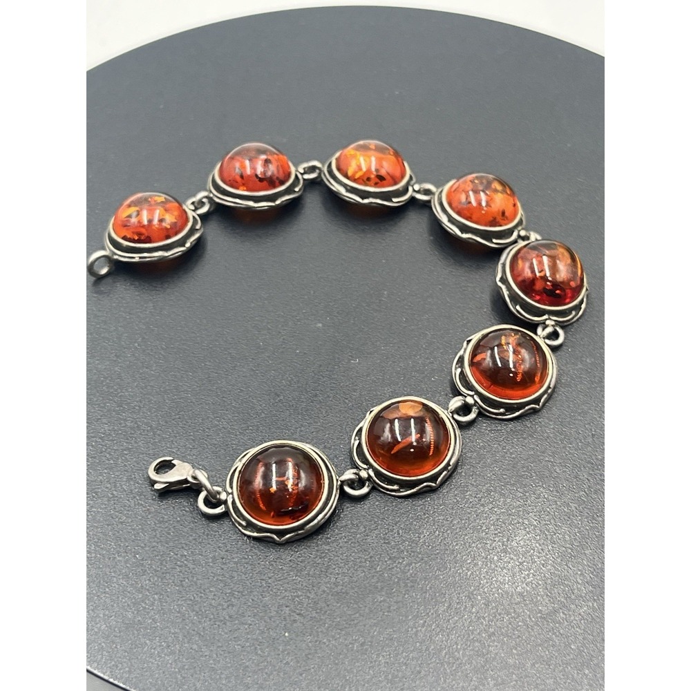 Vintage Sterling 925 Genuine Baltic Amber‎ Bezel Cabochon Setting Link Bracelet - Picture 7 of 13